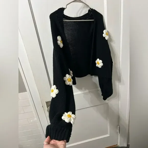Black Cardigan with Daisy Accents - Picture 3 of 7